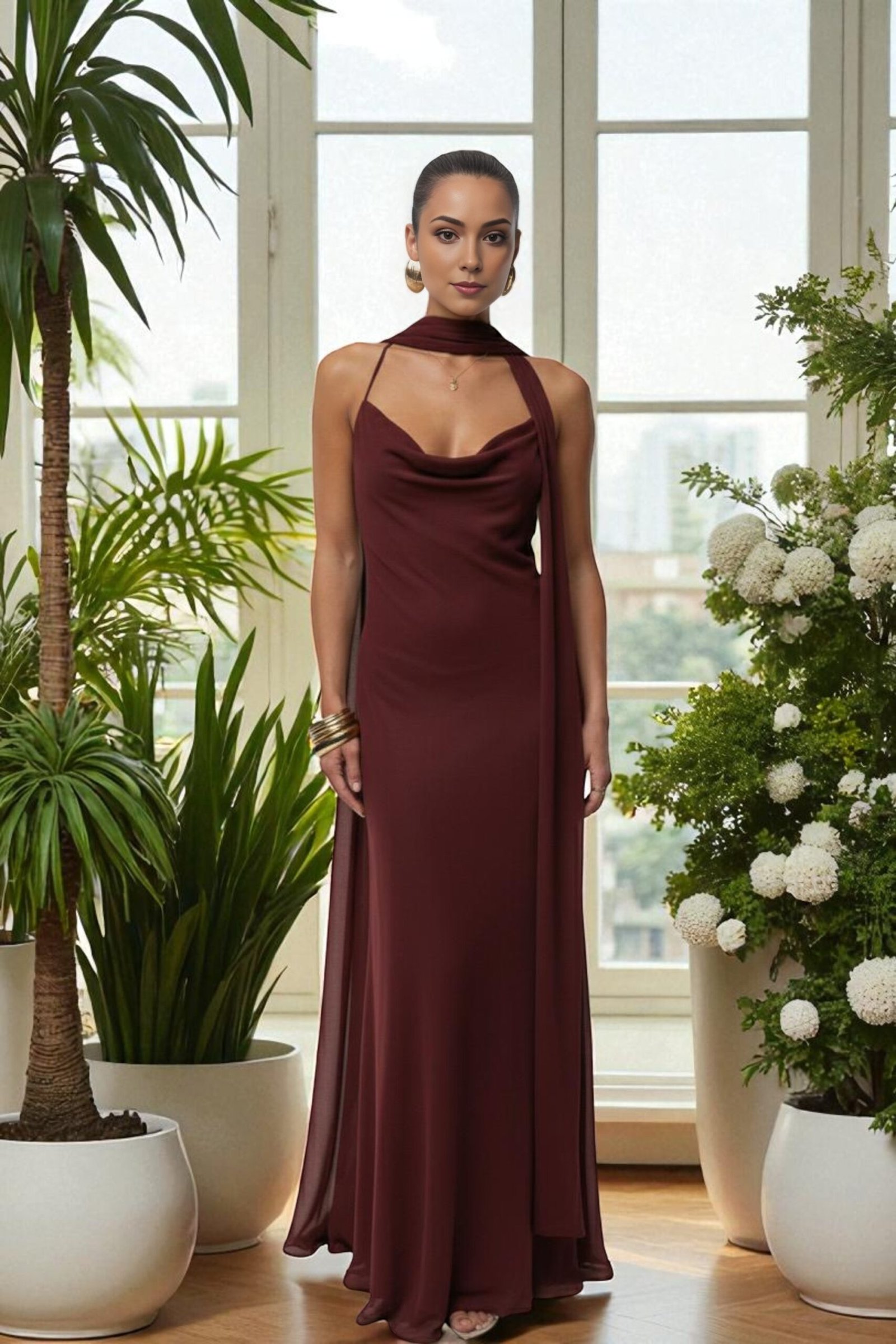 BirB Solistice Midnight Drape Burgundy Maxi Dress