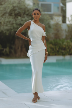 Satin Drawstring Off White Maxi Skirt