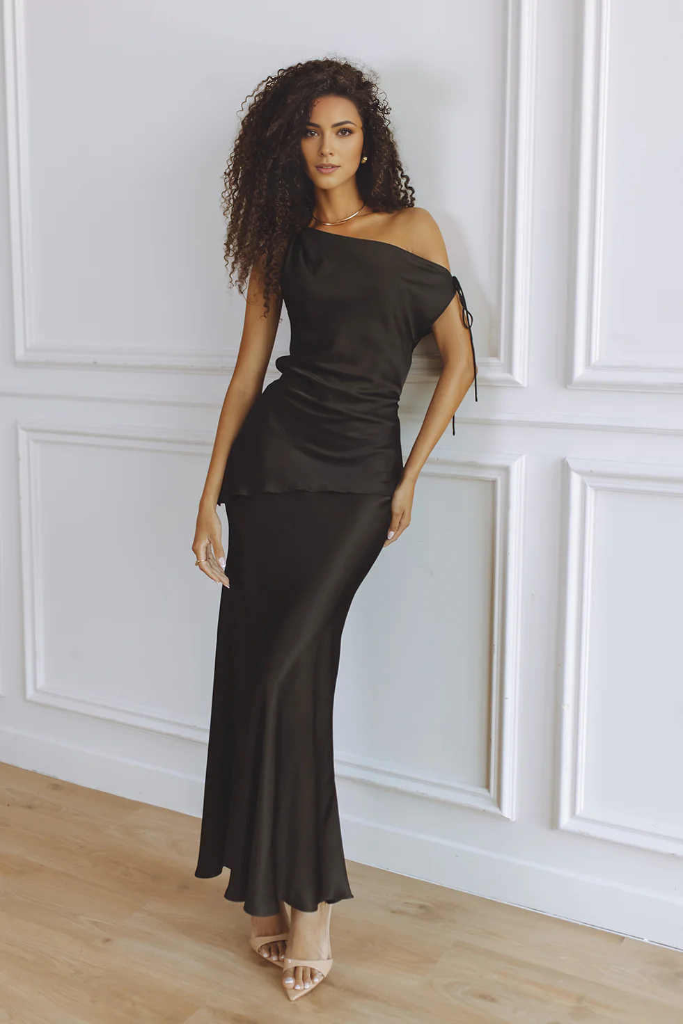 Satin Drawstring Black Maxi Skirt