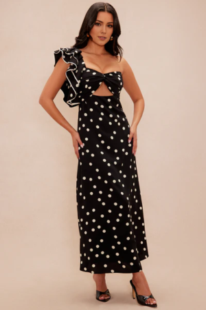 One-Shoulder Ruffle Polka Satin Maxi