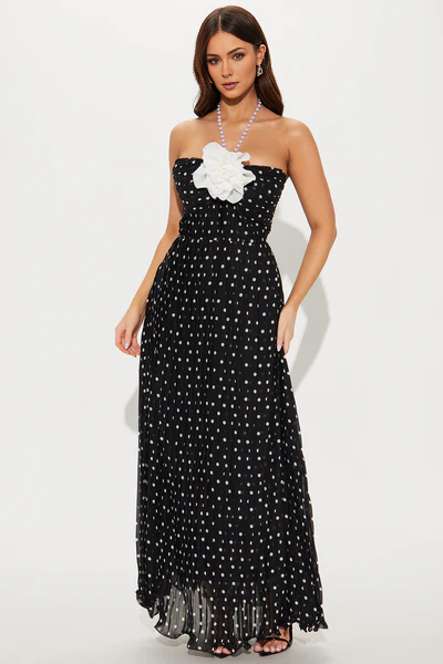 Floral Applique Chiffon Polka Maxi Dress