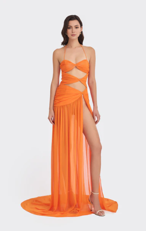 Draped Ruffle Halter Orange Gown