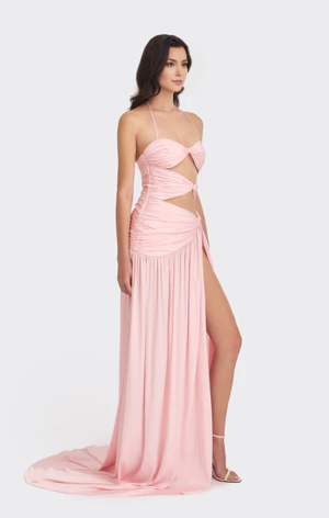 Draped Ruffle Halter Pink Gown
